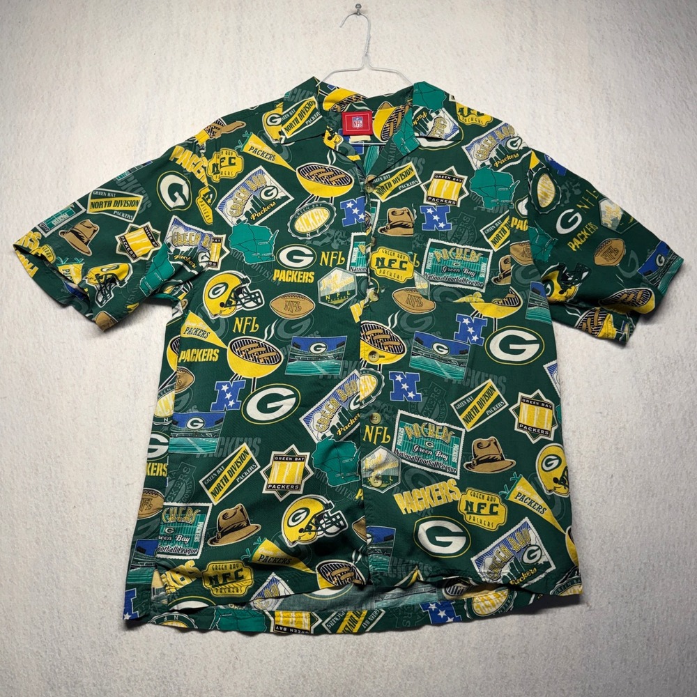 NFL Green Bay Packers All Over Print Button Up Shirt Short Sleeve Green Large